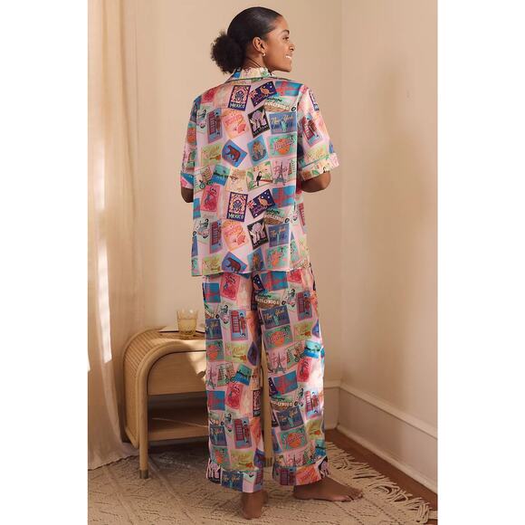 Anthropologie Karen Maben M Short Sleeve Postcard Pajama Set Satin Lounge - Picture 3 of 16